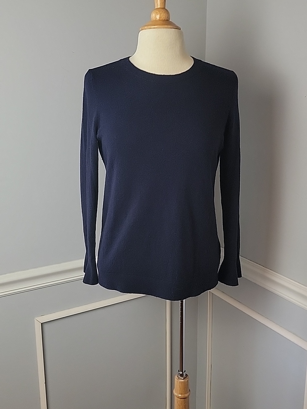 TALBOTS Petites Navy Blue Lambswool Blend Button Collar Classic Crewneck Sweater